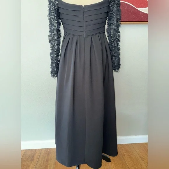 SELF-PORTRAITRuffled black Dotted Tulle And Crepe Midi women’s dress size 6